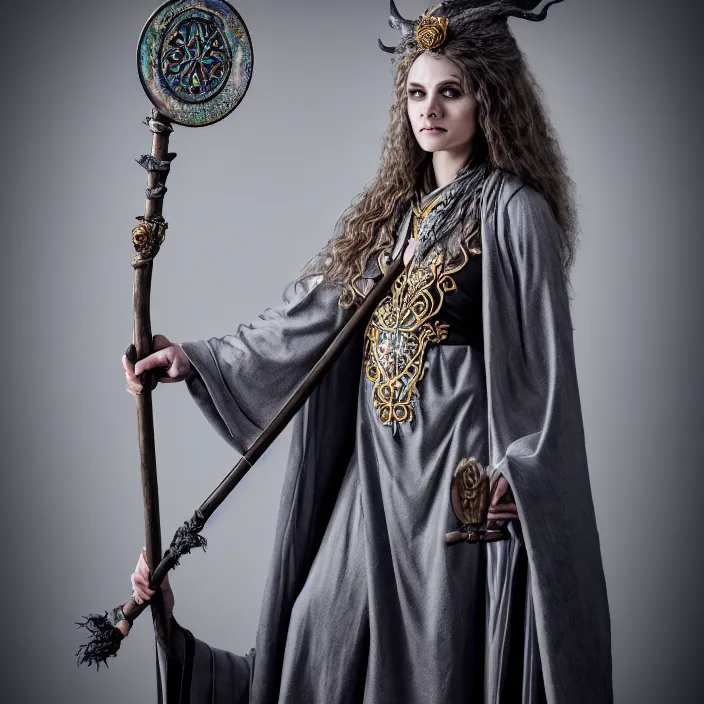 Image similar to professional photograph of a real - life beautiful elemental lunar witch with ornate grey robes and staff. extremely detailed. 8 k