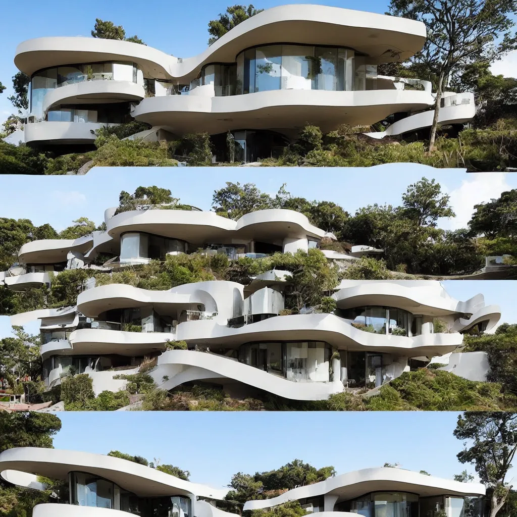 Image similar to “ a two story modern house with curve tectonic balconies designed by famous architects online lab of architecture, house sold for 4 million dollars ”