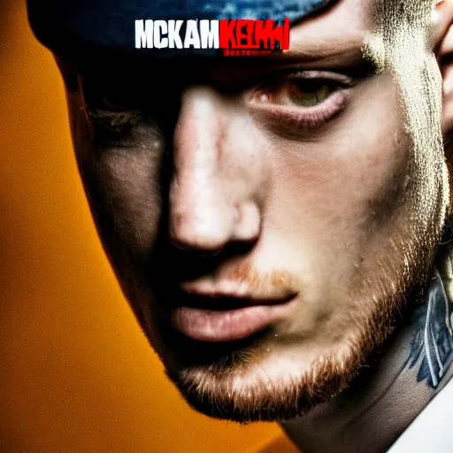 Image similar to mgk after battling eminem, realistic 8 k professional photography, midday lighting, defiant, octane, volumetric lighting, 7 0 mm,