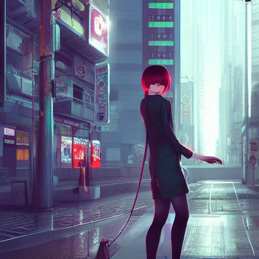 Image similar to a woman standing next to a pole in a city, cyberpunk art by Ilya Kuvshinov, cgsociety, photorealism, 2d game art, official art, daz3d