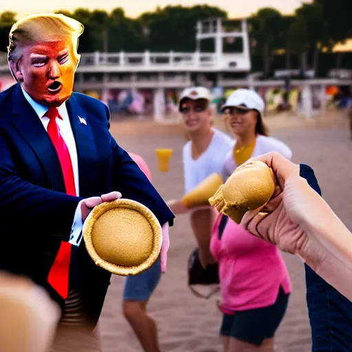 Image similar to donald trump hitting civilians with pudding cups, pudding stained clothes, golden hour, boardwalk, professional photography