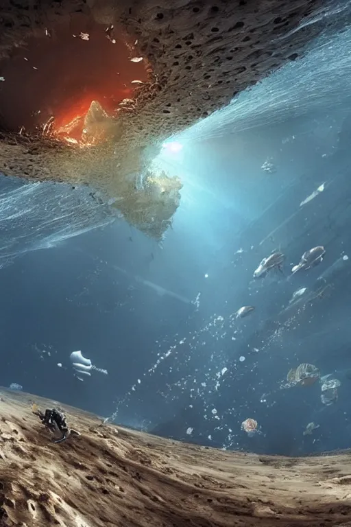 Image similar to a shallow ocean at the bottom of which is a spaceship, behind which is a 300-meter wave, and people in spacesuits are studying the wreckage of another ship, photorealistic
