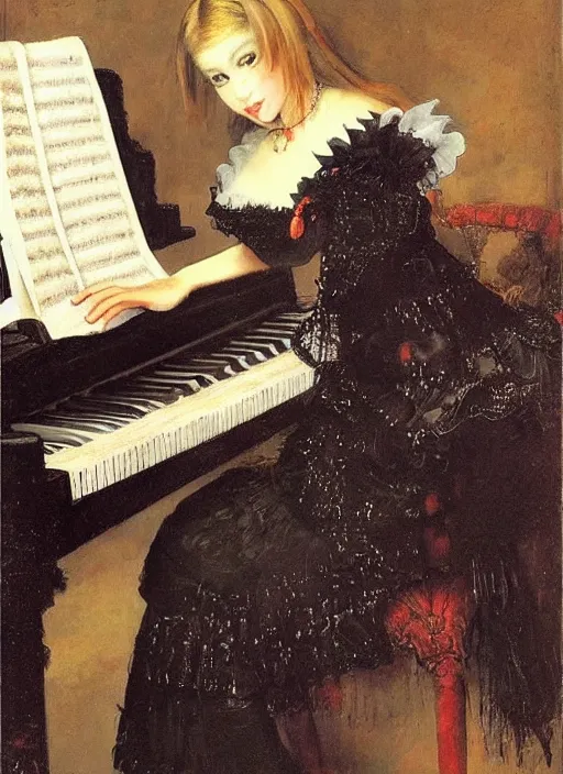 Prompt: misa amane, gothic dress, playing the piano. by rembrandt, ( ( konstantin razumov ) )