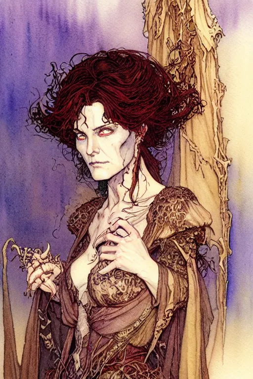 Image similar to a realistic and atmospheric watercolour fantasy character concept art portrait of a female necromancer looking at the camera with an intense gaze by rebecca guay, michael kaluta, charles vess and jean moebius giraud