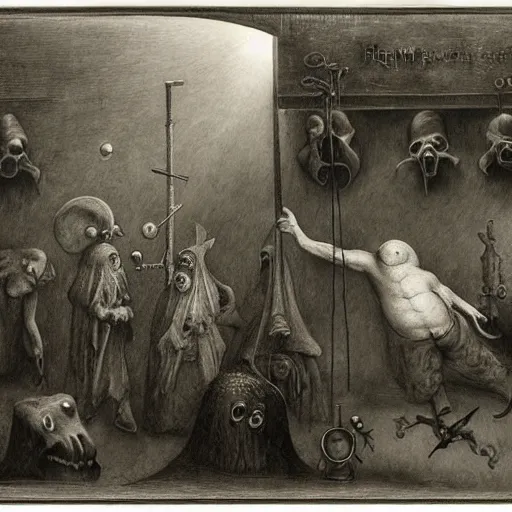 Image similar to plague doctors in the mist with weird rube goldberg machines, minimalist, joel peter witkin, heironymus bosch, gustave dore, beksinski, giger