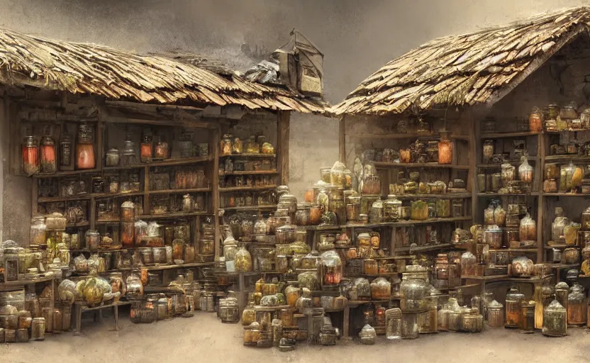 Image similar to an herbalist shop, adobe wall, simple wood shelves, lots of jars and boxes of herbs, dark fantasy matte painting in the style of ruan jia and craig mullins