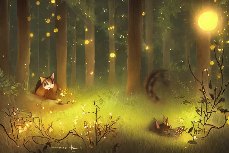 Prompt: a cat in a forest at night with fireflies, backlighting, trending on artstation, furry art, by kawacy, night lighting, digital art, bokeh