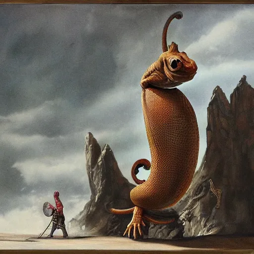 Image similar to a man rites a saddled gigantic Gecko, Fantasy Art