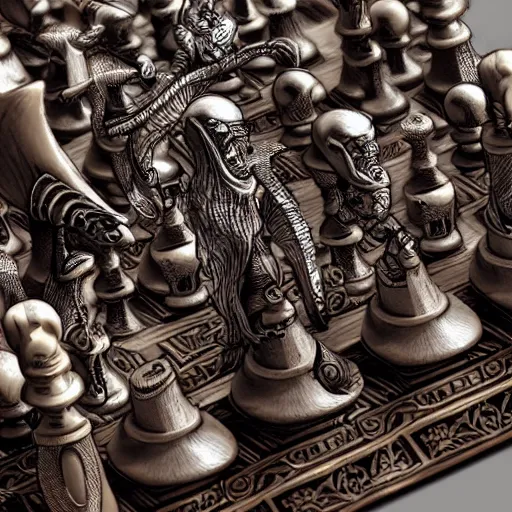 Prompt: expensive fantasy chess set, intricate detail, d & d, royo, vallejo, frazetta, giger, whealan, hd, unreal engine,