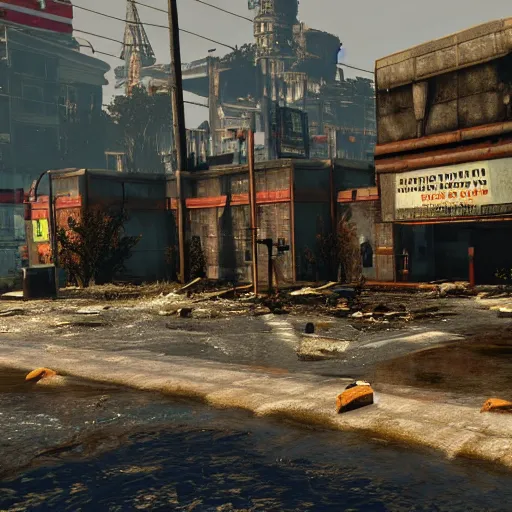 Image similar to atlanta flooded and in ruins post - nuclear war in fallout 4, in game screenshot