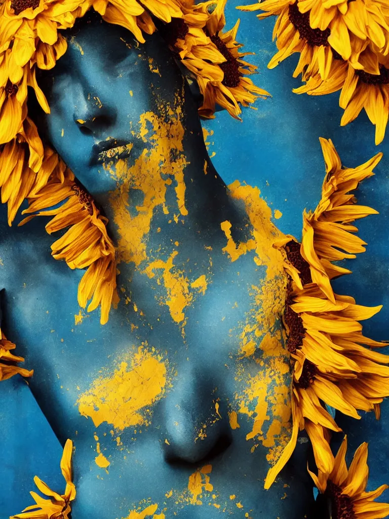 Image similar to symmetrical painting of a fractured dark obsidian greek statue of female beauty, yellow topaz spikes sunflowers, lightblue dripping acrylic paint and tar, repaired with magenta kintsugi, rendered in octane trending on cgsociety. extremely detailed and intricate art, corruption, sleek