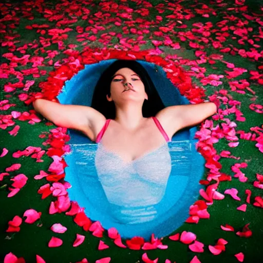 Prompt: woman laying in a pool of rose petals, movie poster, realistic, soft lighting, professional, full body, view from top