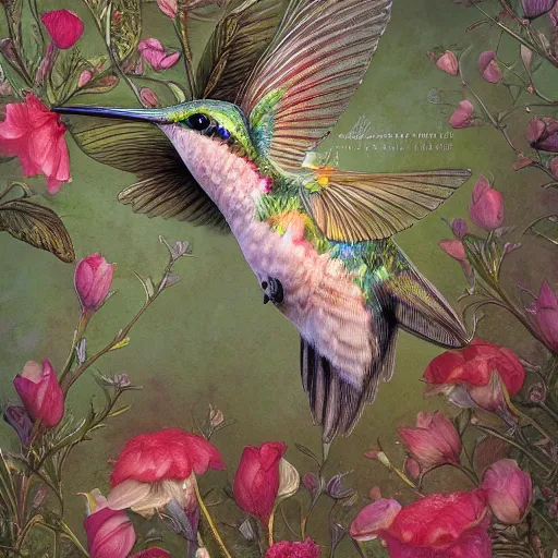 Image similar to hummingbird, background covered with fine floral ornaments, eye - level medium - angle shot, intricate, floral background, by esao andrews, by m. w. kaluta, by yoshita amano, romantic, intricate, natural lighting, smooth, fine art, 3 d octane render, depth perception, 4 k,, artstation