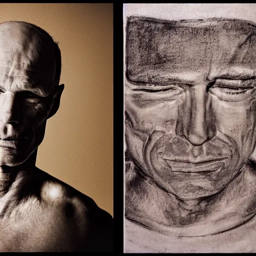 Image similar to Sgraffito art representation of Ed Harris, studio lighting, F 1.4 Kodak Portra