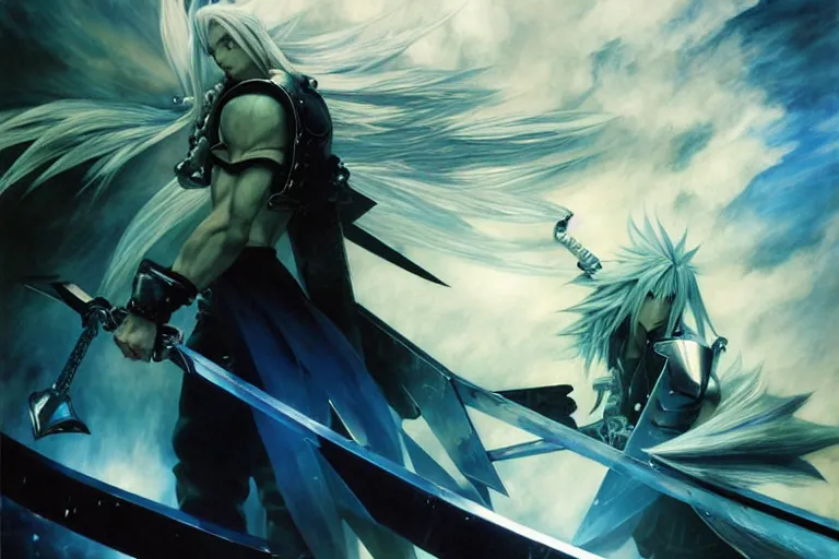 Prompt: final fantasy vii sephiroth, final fantasy vii : advent children sephiroth, sephiroth final fantasy, ( netease ), night, brilliant colors and hard shadows and strong rim light, colorful, night sky, cool white color temperature, blue hue, cool tones, painting by gaston bussiere, craig mullins, j. c. leyendecker