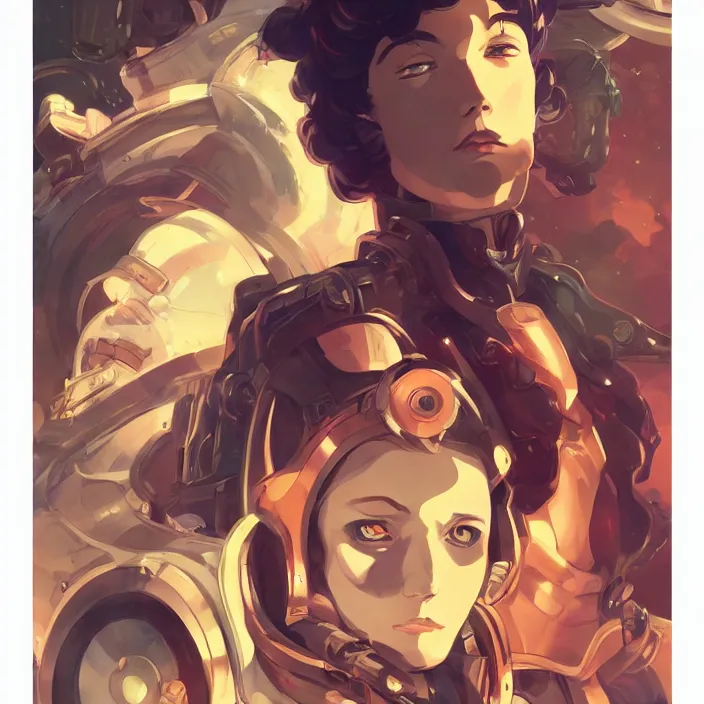 Image similar to anime portrait space pirate captain, futuristic science fiction, mucha, hard shadows and strong rim light, art by jc leyendecker and atey ghailan and sachin teng