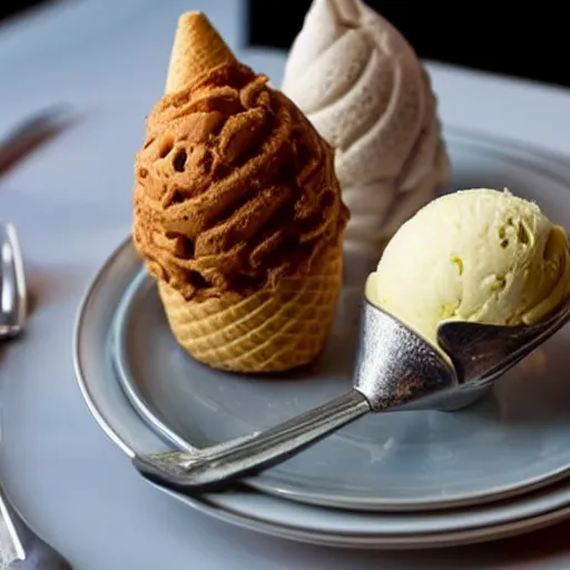 Prompt: photograph of a formal presentation of an ice cream cone on a plate with grotesque silverware in a fancy avant-garde restaurant