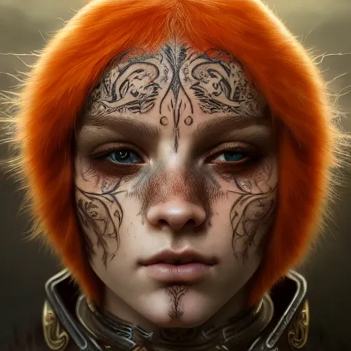 Image similar to portrait painting of very young elf with short light orange hair and tribal tattoos on his face wearing fur armor, ultra realistic, concept art, intricate details, eerie, highly detailed, photorealistic, octane render, 8 k, unreal engine. art by artgerm and greg rutkowski and charlie bowater and magali villeneuve and alphonse mucha