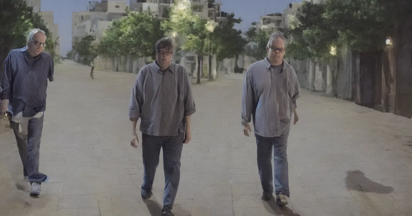 Image similar to todd solondz, high quality high detail image of todd solondz walking with a friend in an empty tel aviv street, clear sharp face of todd solondz, night, by lucian freud and gregory crewdson and francis bacon, hd, photorealistic lighting