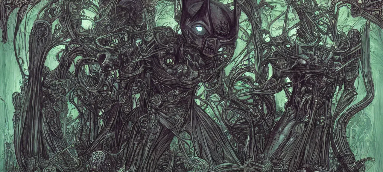 Prompt: infinite batman amalgamation chernoborg lovecraftian In the art style of Victor Nizovtsev and H. R. Giger