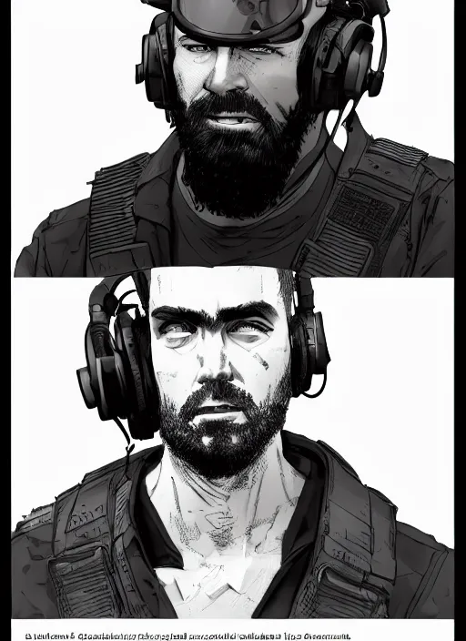 Image similar to Confident Ezra. clever cyberpunk mercenary wearing a cyberpunk headset, military vest, and pilot jumpsuit. bearded face. Realistic Proportions. Concept art by James Gurney and Laurie Greasley. Moody Industrial skyline. ArtstationHQ. Creative character design for cyberpunk 2077.