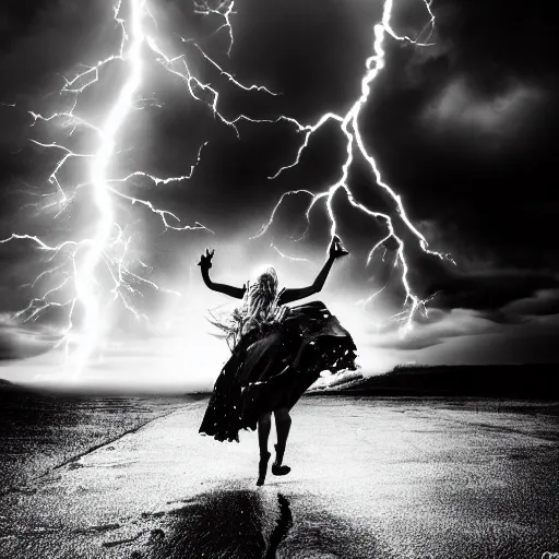 Image similar to wild woman dancing in an epic storm with lightning, fire, creepy shadows, Tim Burton, black and white photograph, 40mm, hyper detailed, 8k, clear