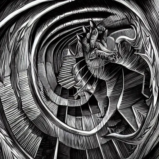 Image similar to a huge howling angry wolf in a huge bright maze of many doorways and lots of stairs, many doorways, inside MC Escher architecture, artstation, Junji Ito, epic composition, detailed background