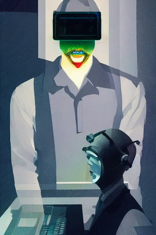 Prompt: North Korean hacker wearing Oculus and digital glitch head Edward Hopper and James Gilleard, Zdzislaw Beksisnski, higly detailed