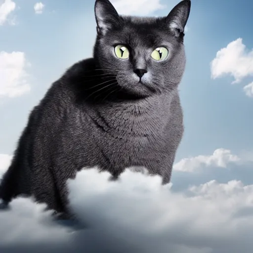 Image similar to a dark grey cat on top of a cloud, photography photorealistic