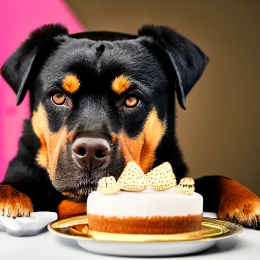 Prompt: a high - quality greeting card photo of a cute rottweiler with a half - eaten birthday cake, 4 5 mm, f 3. 5, sharpened, iso 2 0 0, raw, food photography