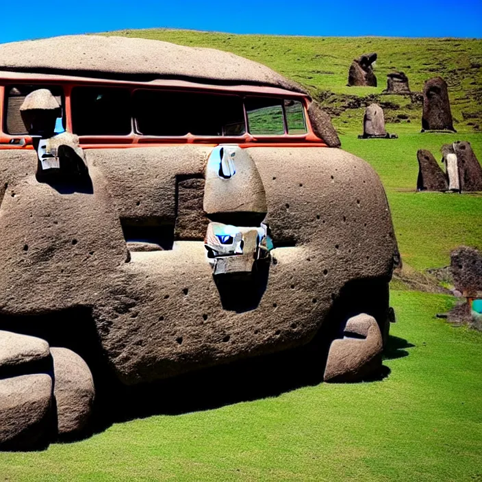 Image similar to ancient vw bus made of stone, moai from rapa nui style