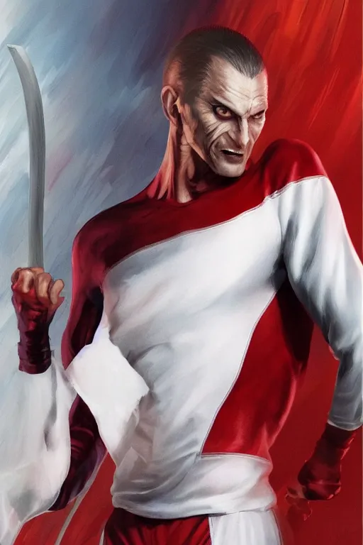 Image similar to zoomed out view of a very skinny white man super villain that wears a red adidas track suit and wields two oars as weapons, comic book art by artgerm and alex ross, featured on artstation, cgsociety