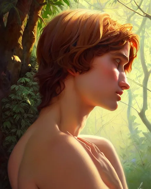 Prompt: stylized portrait of an artistic pose, composition, young faun surrounded by nature, realistic shaded, fine details, realistic shaded lighting poster by ilya kuvshinov, magali villeneuve, artgerm, jeremy lipkin and michael garmash and rob rey