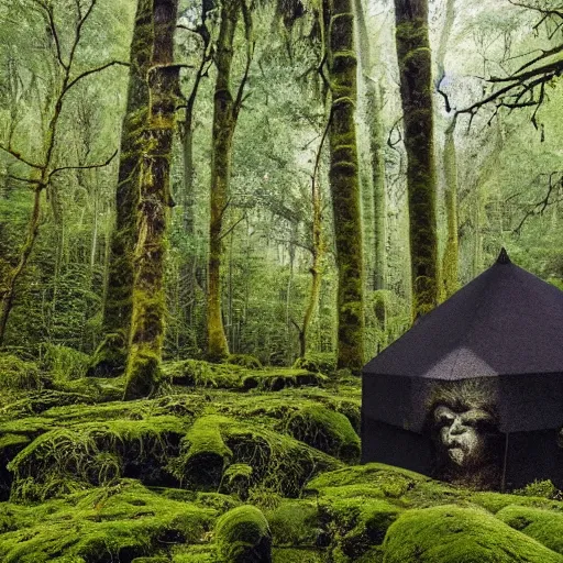 Image similar to A forest full of trees and moss, the scene contains a singular hut with a strange figure standing nearby, Photography, dark, intricate cube, Bleda, Elsa