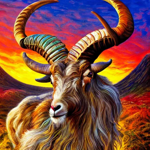 Image similar to acrylic on canvas painting by senior concept artist josephine wall, horned ram goddess checking her cell phone, erupting volcano and sunset in distance, flowers in foreground, trending on artstation, intricately detailed, highly detailed, high resolution, hdr, 8 k