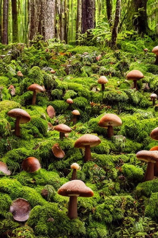 Image similar to lush biennial mushroom forest, evergreen trees, forest floor moss, shimmering radiant light, baroque rococo