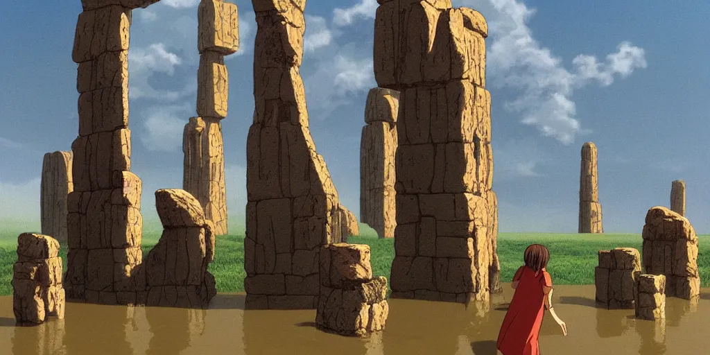 Image similar to a realistic cell - shaded studio ghibli concept art from paprika ( 2 0 0 6 ) of a hairless ape from close encounters of the third kind ( 1 9 7 7 ) in a flooded monument valley stonehenge. very dull colors, wide shot, hd, 4 k, hq