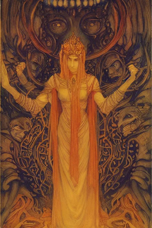 Image similar to queen of the underworld with her lantern and retinue, by Annie Swynnerton and Nicholas Roerich and jean delville, strong dramatic cinematic lighting , ornate headdress , flowing robes, lost civilizations, smooth, sharp focus, extremely detailed