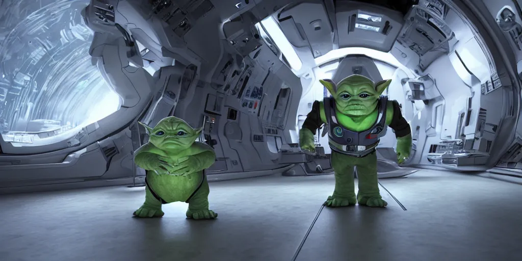 Prompt: a 3 d rendered movie still, wide - angle 1 0 0 m in the distance, baby yoda wearing a spacesuit, and exploring cosmos in a super awesome space ship. science fiction blockbuster movie, dramatic lighting, imax 7 0 mm. buzz lightyear