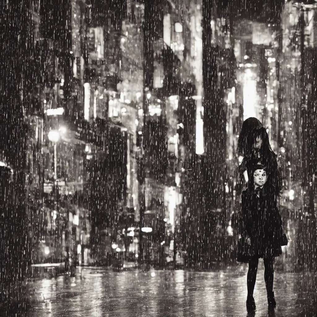 Image similar to night flash portrait photography of a high school girl in uniform on the lower east side by annie leibovitz, colorful, nighttime!, raining!