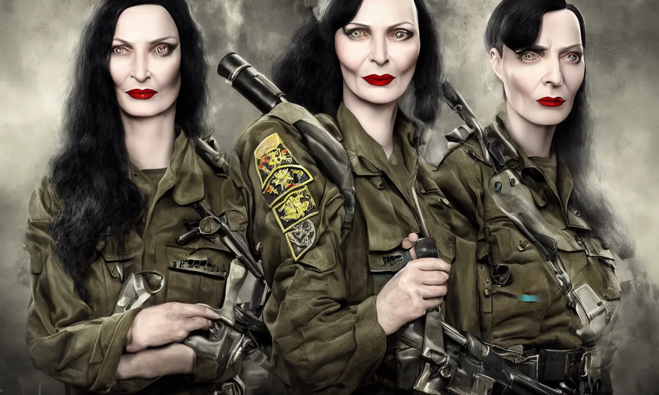 Prompt: old photograph of Morticia Addam wearing a military uniform, portrait, photorealistic, hyperrealism, highly detailed, octane render, style by John Salt,