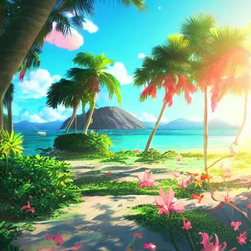 Image similar to a beautiful render of a dreamy tropical anime island paradise by makoto shinkai, pink accents, soft details, graphic art