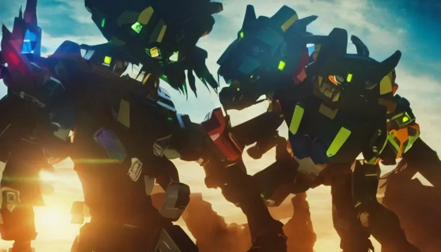 Prompt: full - color cinematic movie still from a live - action voltron action film directed by michael bay. the scene features the robotic lions from voltron fighting against an ugly kaiju monster. photorealistic rendering ; highly - detailed ; epic.