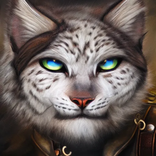 Prompt: furious white lynx portrait by Les Edwards and Noriyoshi Ohrai, furry art, steampunk fantasy style, 4k, trending on artstation