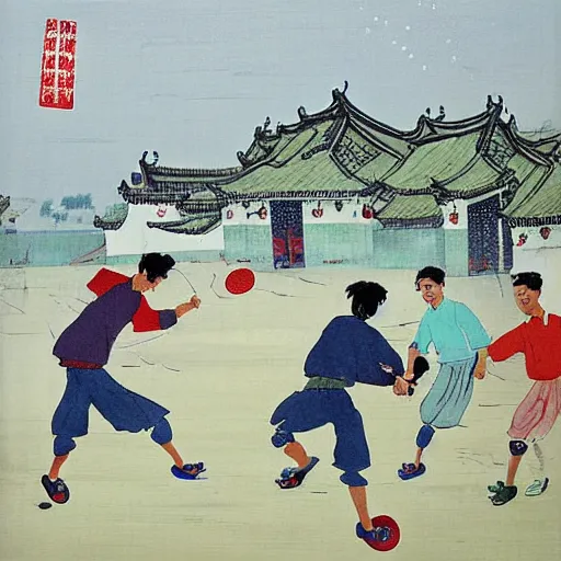 Prompt: Frisbee Sports in Jiangnan Water Village, painting by Wu Guanzhong