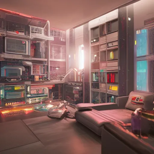 Prompt: the cyberpunk apartment, render, octane, 4k, highly detailed, vivid colors, high definition