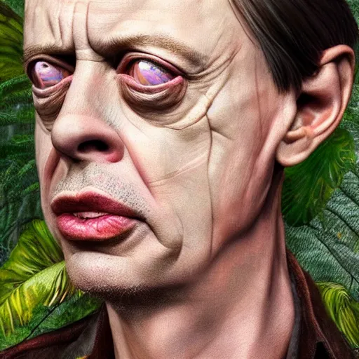 Image similar to hyperrealistic mixed media image of steve buscemi in a jungle, stunning 3 d render inspired art by xiang duan and thomas eakes, perfect facial symmetry, immaculate complexion, realistic, highly detailed attributes and atmosphere, dim volumetric cinematic lighting, 8 k octane detailed render, post - processing, masterpiece,