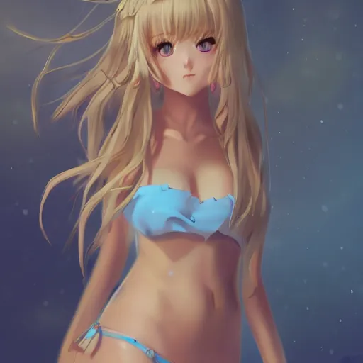 Image similar to a very beautiful young anime girl, full body, long wavy blond hair, sky blue eyes, full round face, bikini, miniskirt, front view, mid - shot, highly detailed, digital art by wlop, trending on artstation