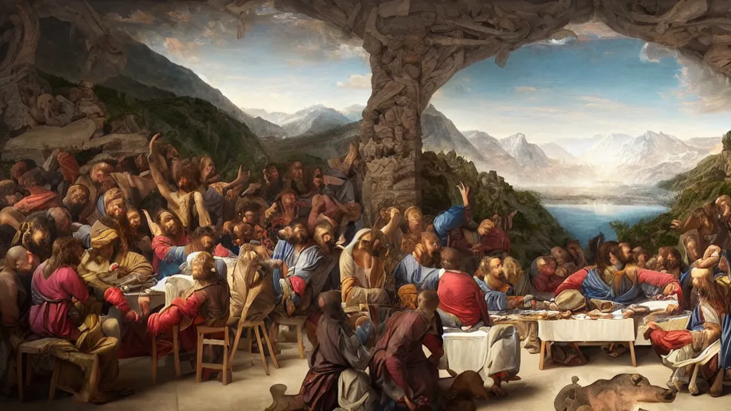 Image similar to a mix between the last supper and the raft of the medusa, with the mountains from napoleon crossing the alps in the back, sunny morning, matte painting, oil canvas, photorealistic illustration, extreme detail, hyper realistic, highly detailed, digital art