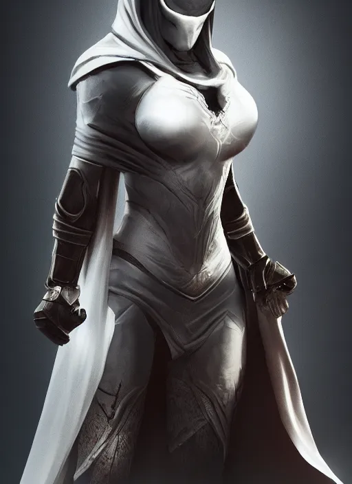 Image similar to female moon knight, hyper detailed, digital art, trending in artstation, cinematic lighting, studio quality, smooth render, unreal engine 5 rendered, octane rendered